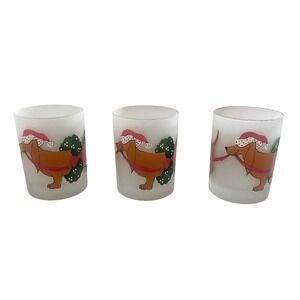 NEIMAN MARCUS Dachshund Holiday Rocks Glass Low Ball Glass Frosted VINTAGE-Set 3